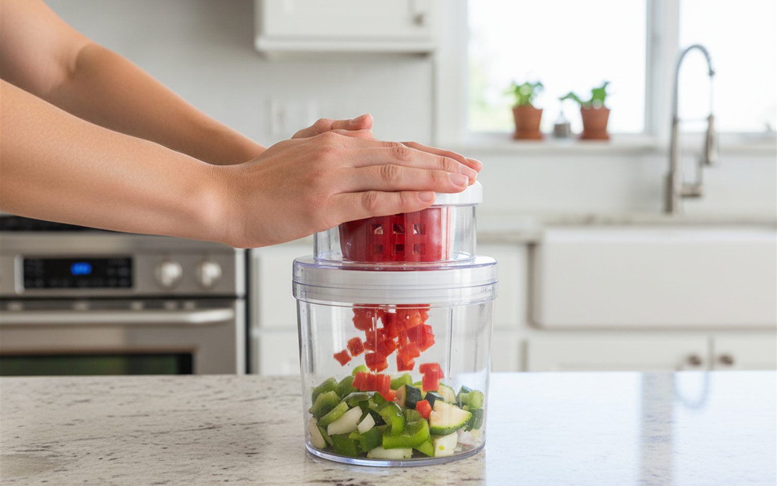 Both palms press the chopper lid down as a halved bell pepper crunches through the blade grid into the container below.