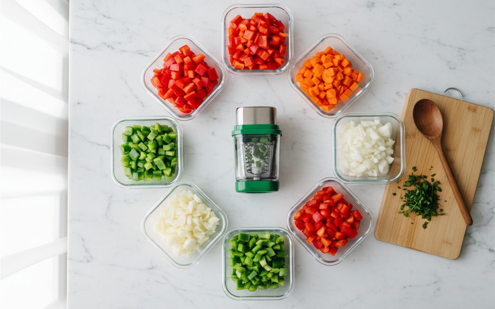 Meal prep containers of evenly diced onions peppers and carrots line the counter around the chopper after a single session.