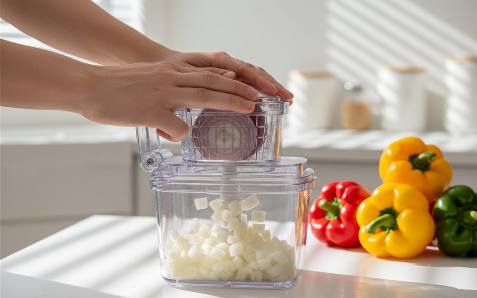 One press of the lid sends a whole onion through the blade grid into a container of tidy cubes.