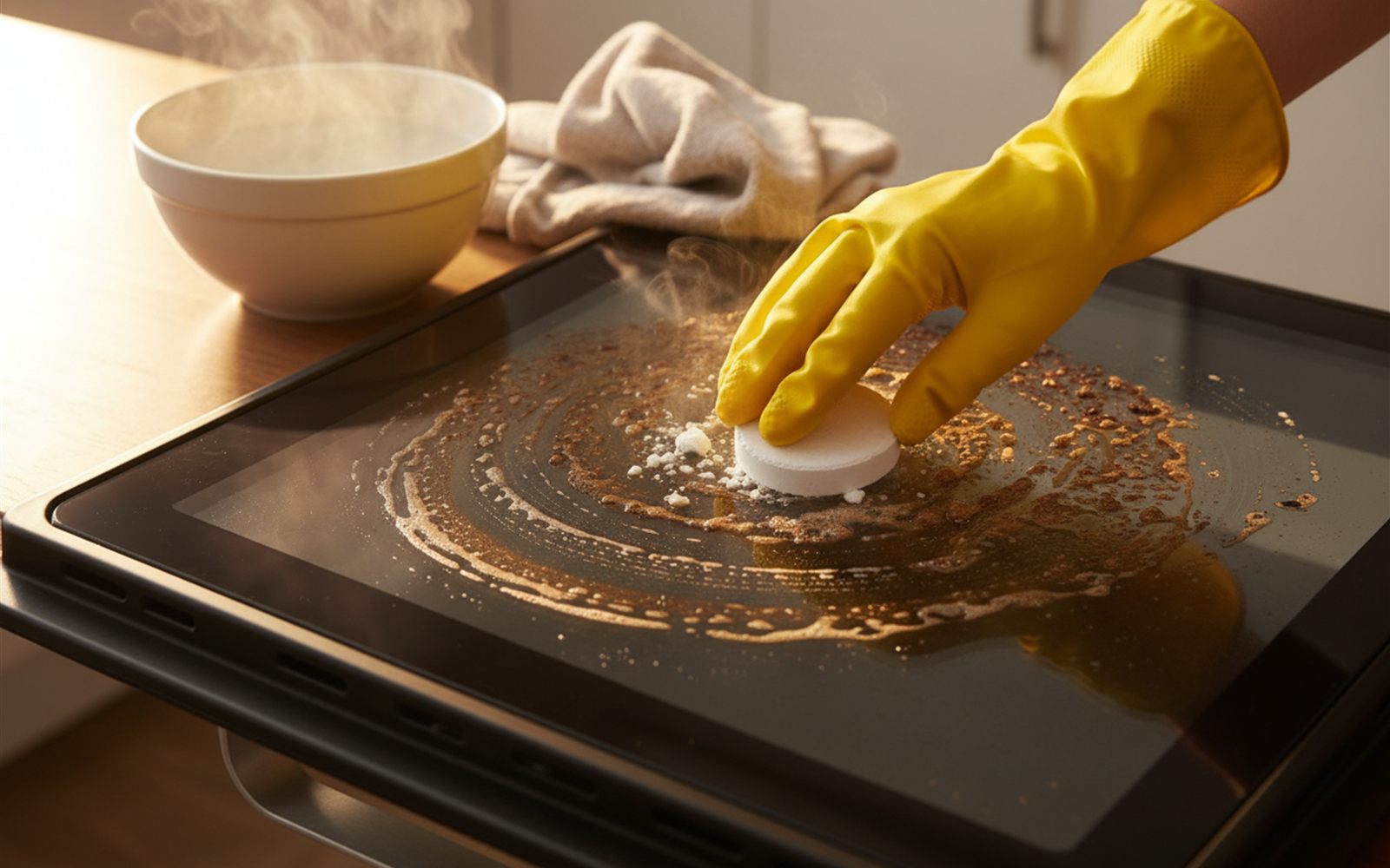 A rubber gloved hand rubbing a damp dishwasher tablet across oven door glass as thick grime turns to sludge