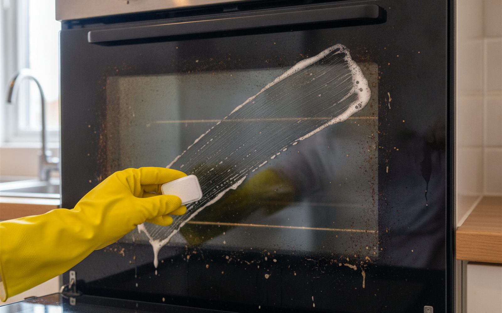 A gloved hand wiping a clear streak through heavy brown grime on an oven door window.