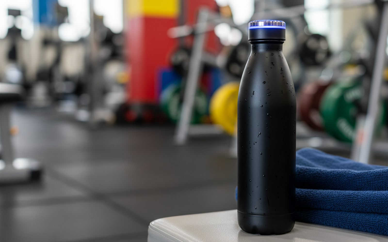 A commuter fills the sleek bottle from an airport water station while the cap's light ring pulses softly.