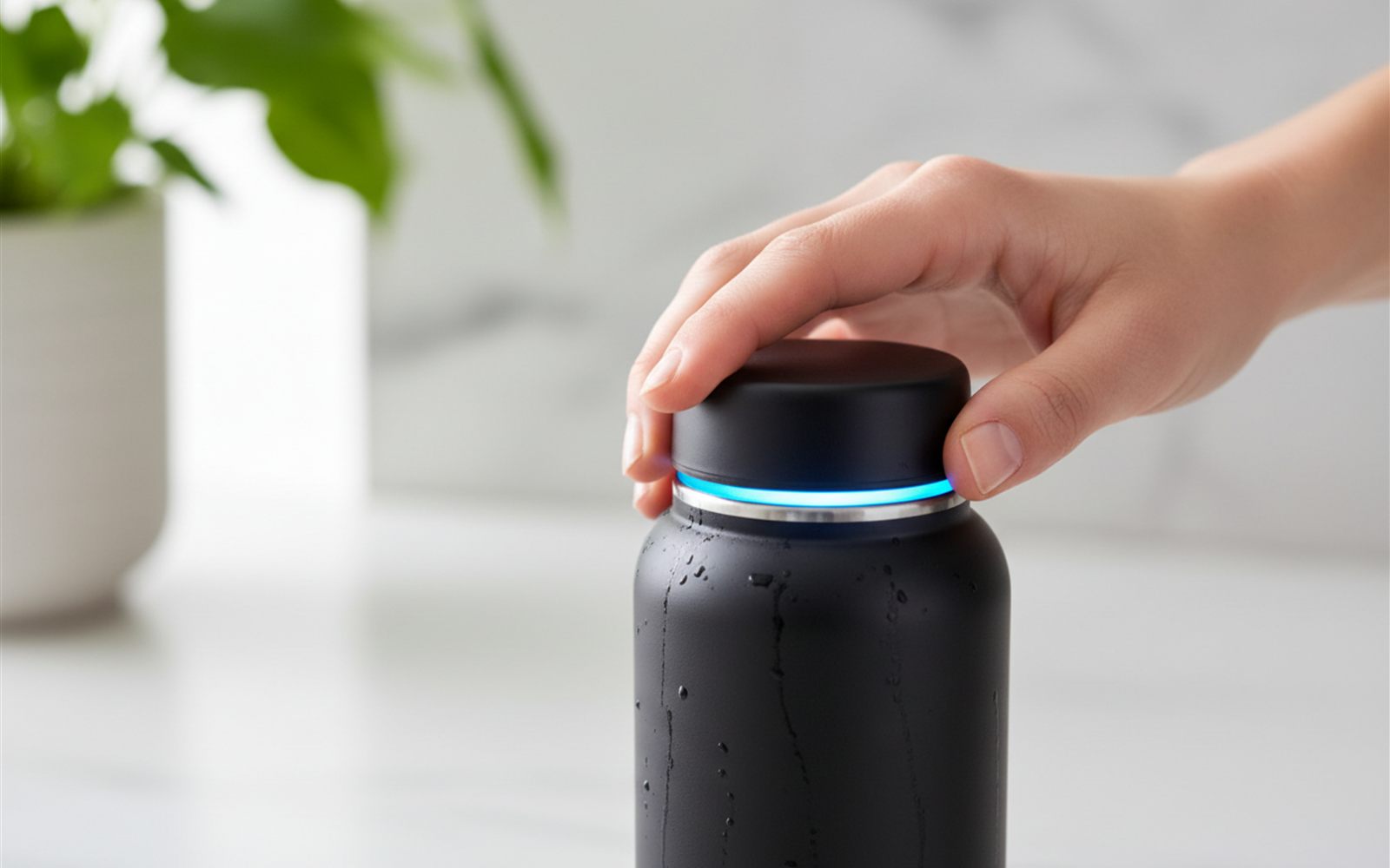 A hand presses the glowing cap of a sleek black water bottle as a soft ring of light pulses on.