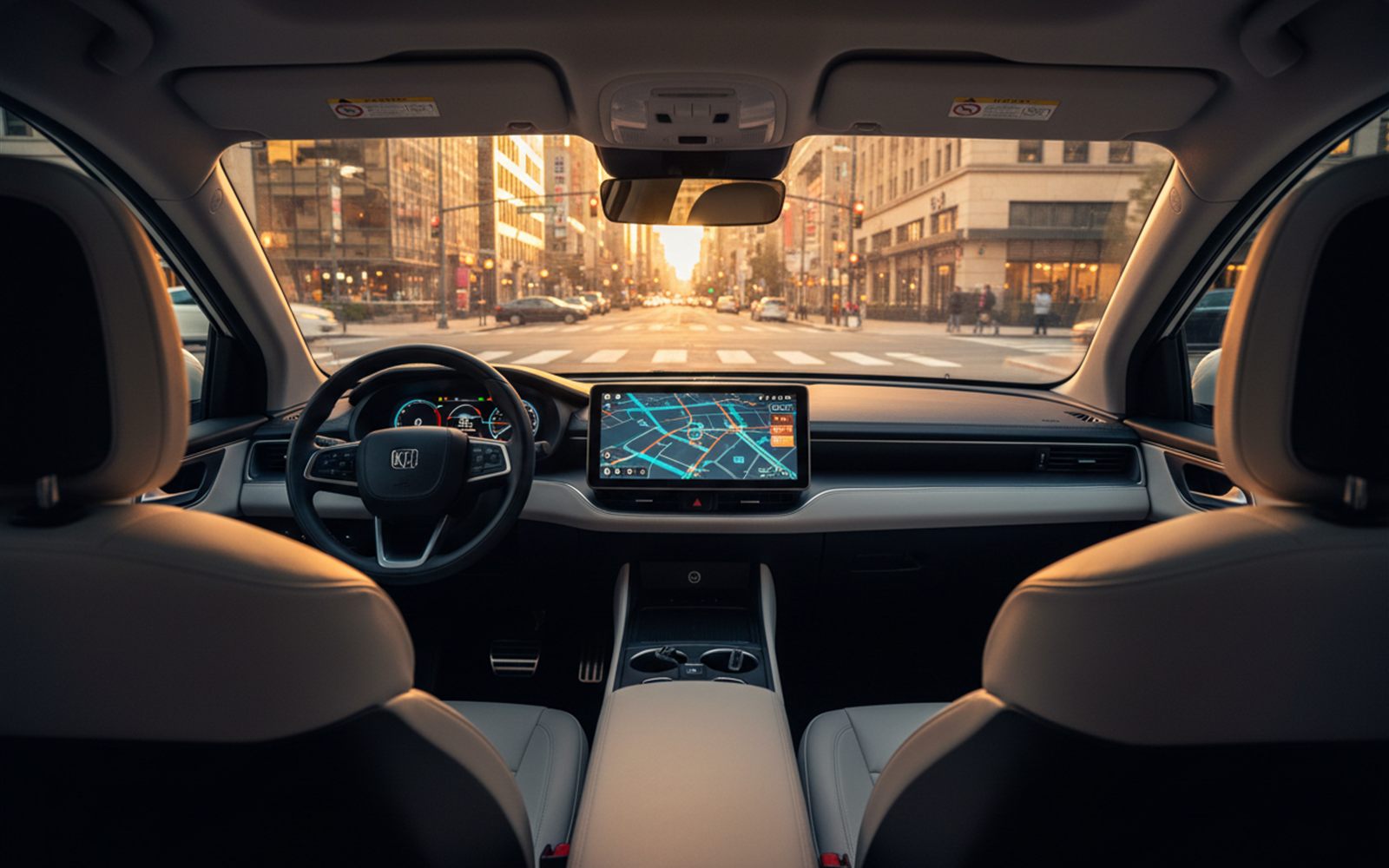 View from the back seat of a driverless taxi at golden hour as the empty steering wheel turns itself through a city intersection
