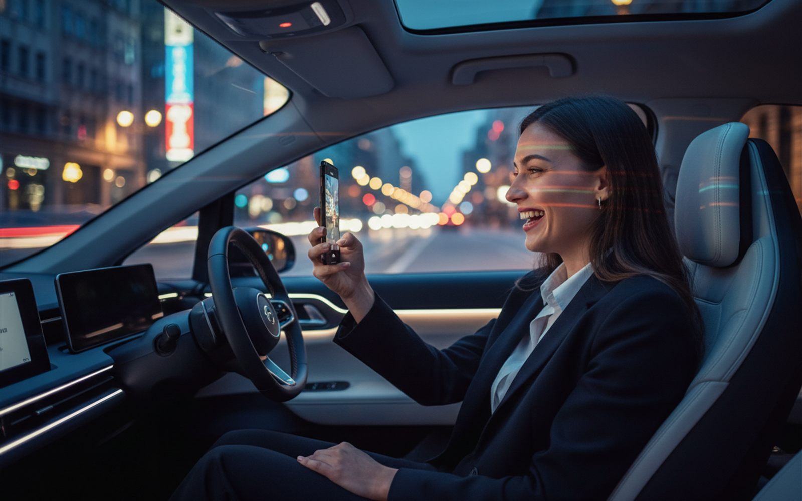 A first time rider grins and holds up a phone to film the empty driver seat while the taxi glides through evening traffic