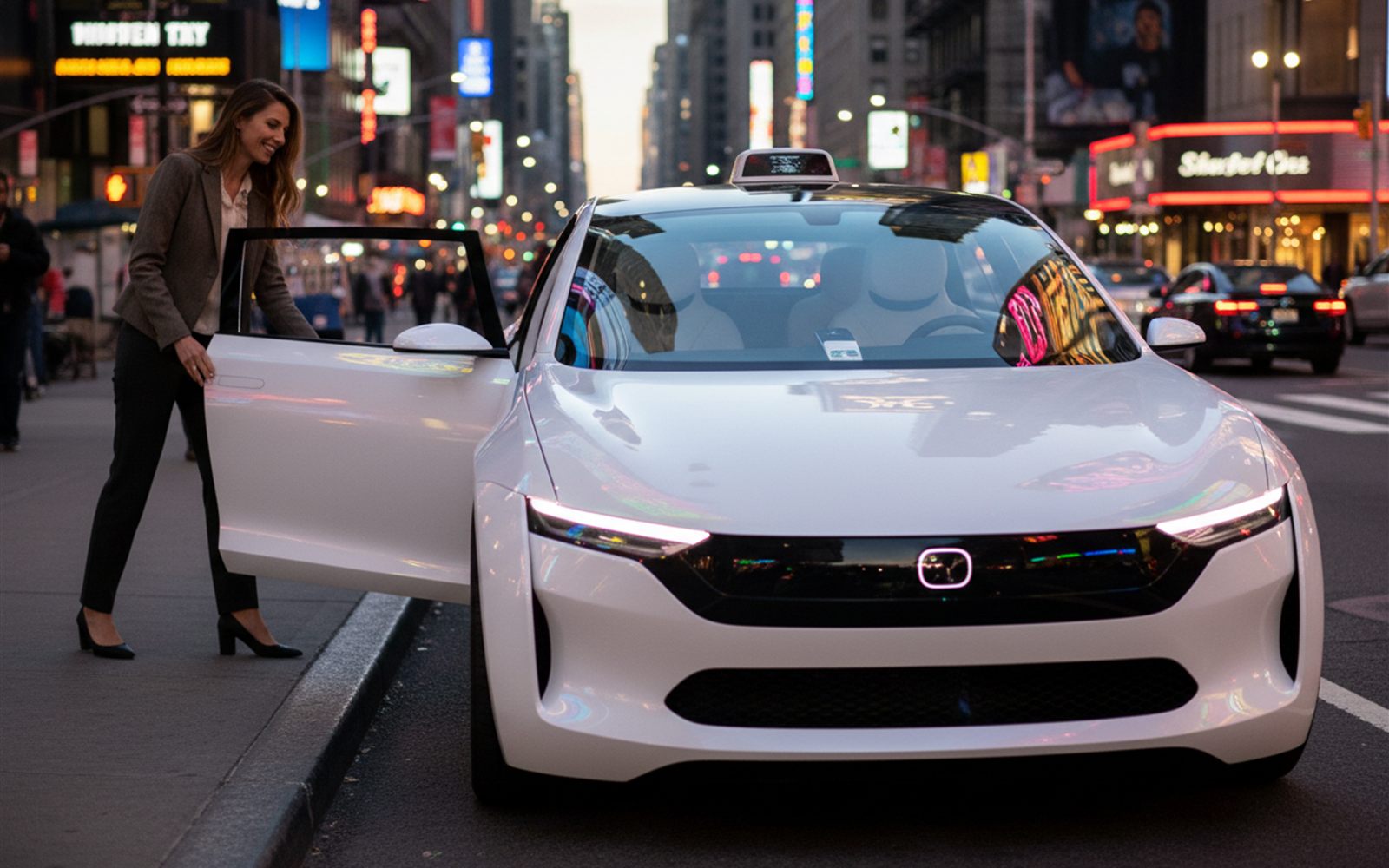 A rider slides into a taxi with no one behind the wheel on a bright city evening.