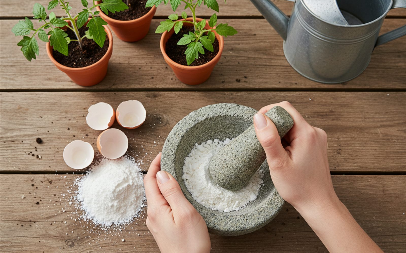 A gardener grinding dried eggshells into fine white powder beside a bed of young tomato plants.