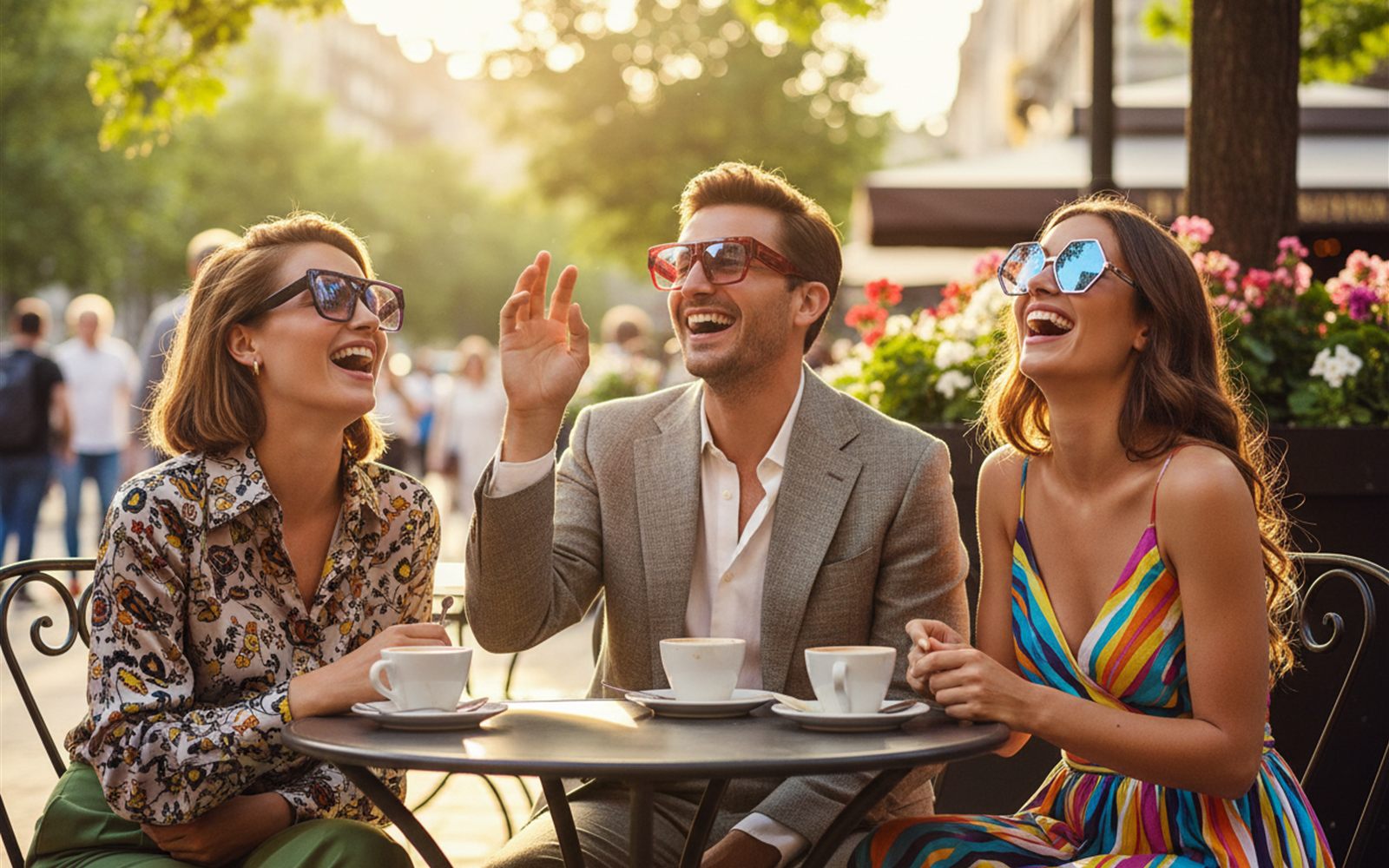 Three friends in bold designer smart glasses laugh outside a summer street cafe as one raises a hand to snap a photo