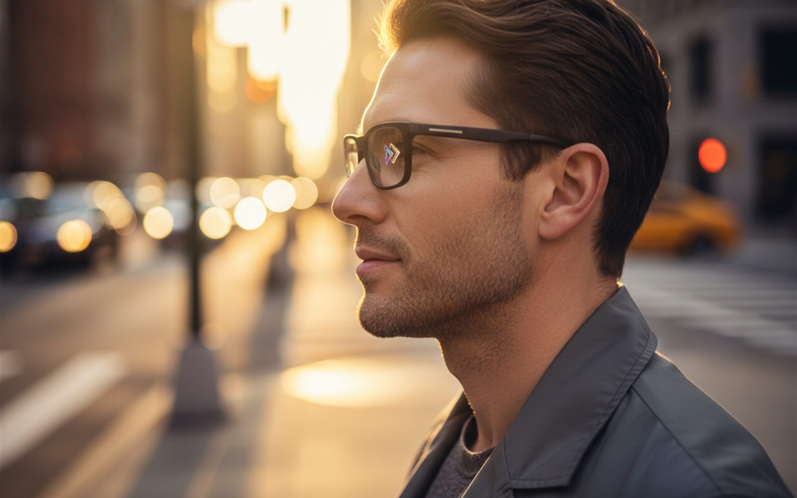A commuter glances at directions floating in the lens of his smart glasses on a sunny street.