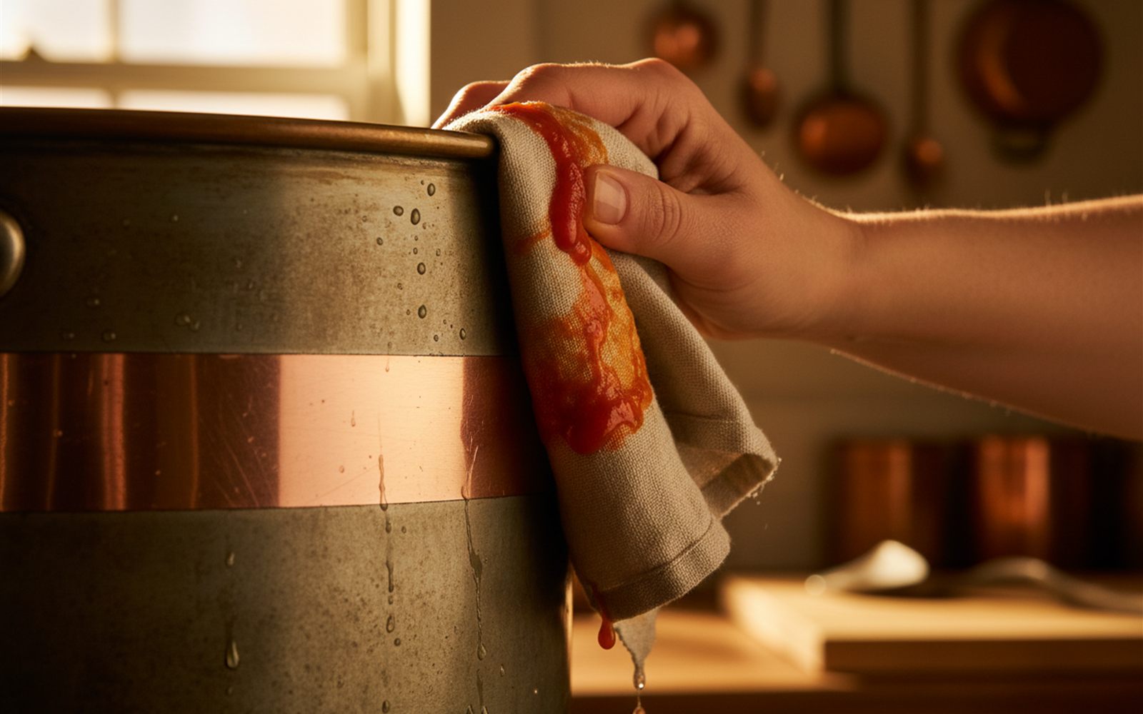 Half of a tarnished copper pot gleams again where ketchup has just been wiped away.
