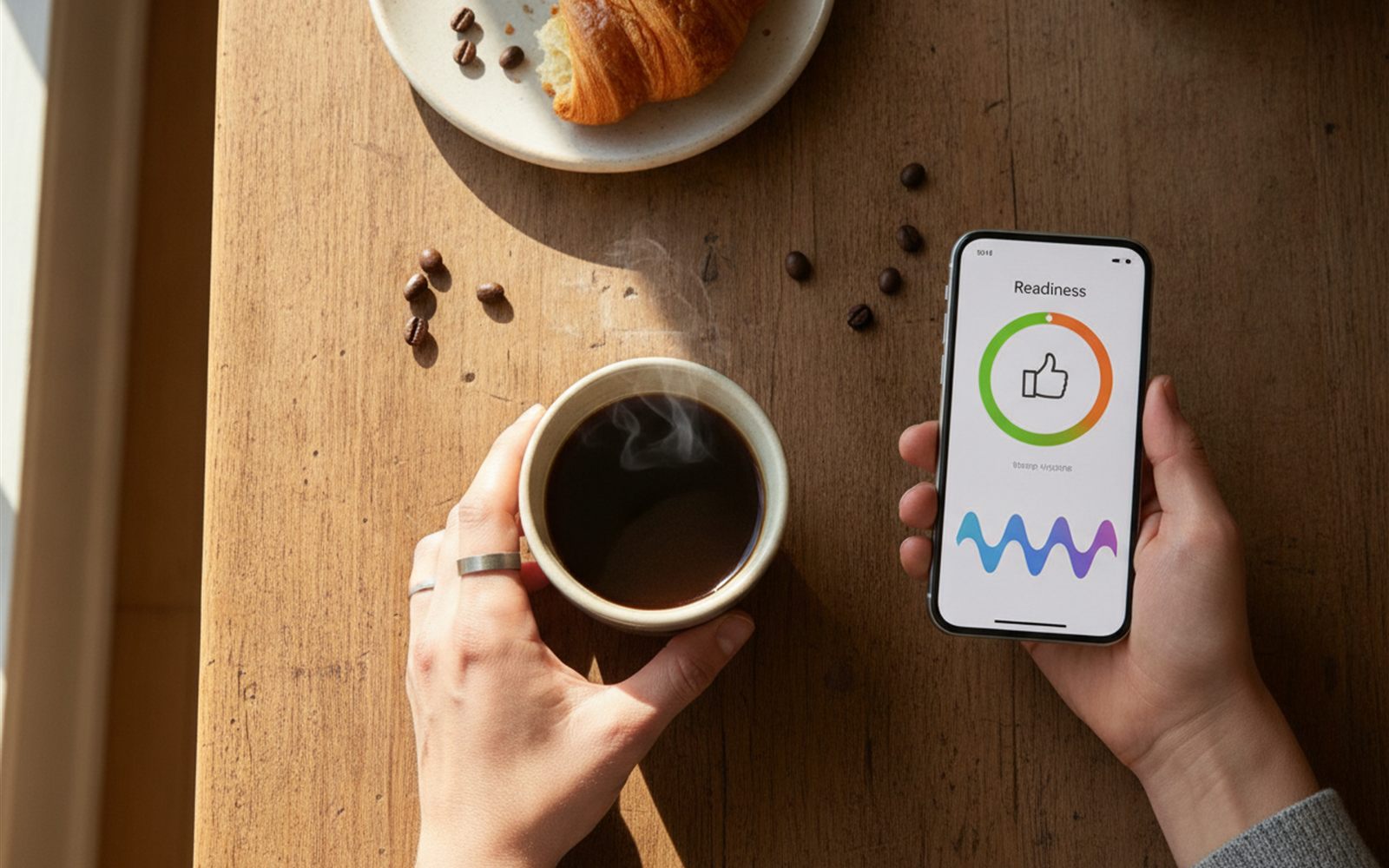 A morning coffee scene where a phone app shows a high readiness score beside a hand wearing the slim metal ring