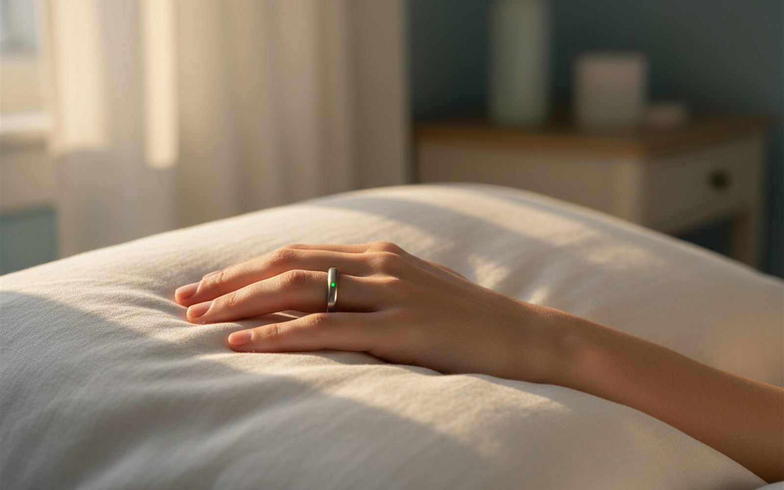 A hand rests on a pillow at dawn wearing the slim ring that tracked the whole night's sleep.