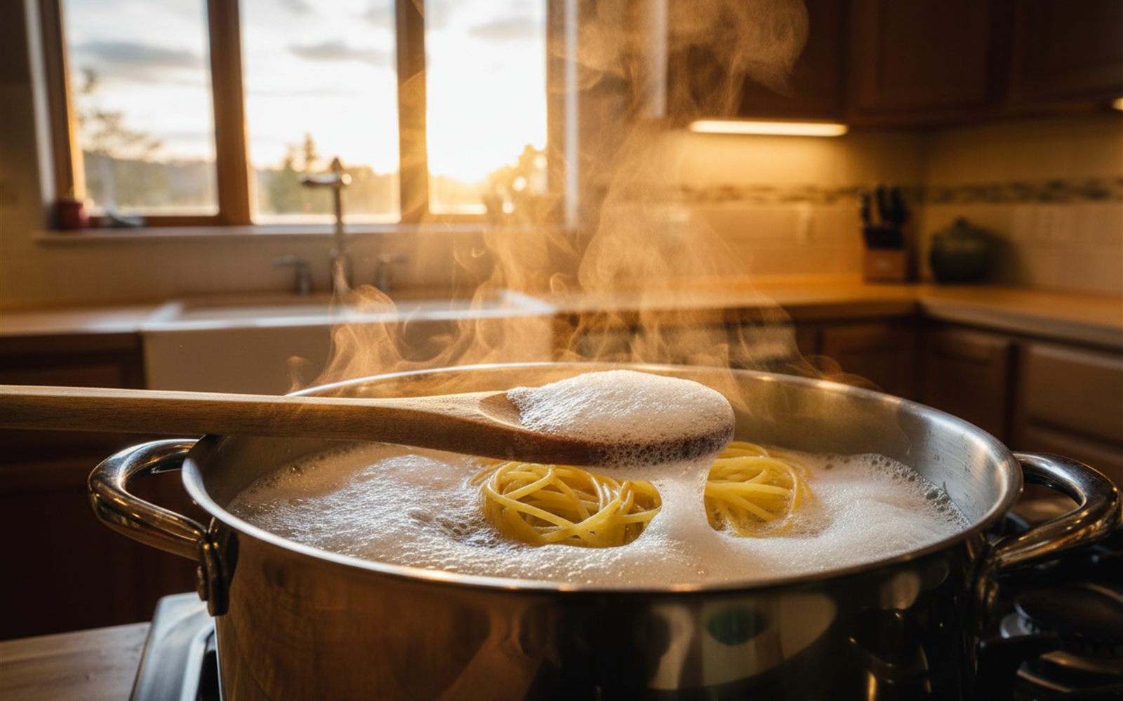 A wooden spoon resting across a steaming pot of pasta as foam rises beneath it.