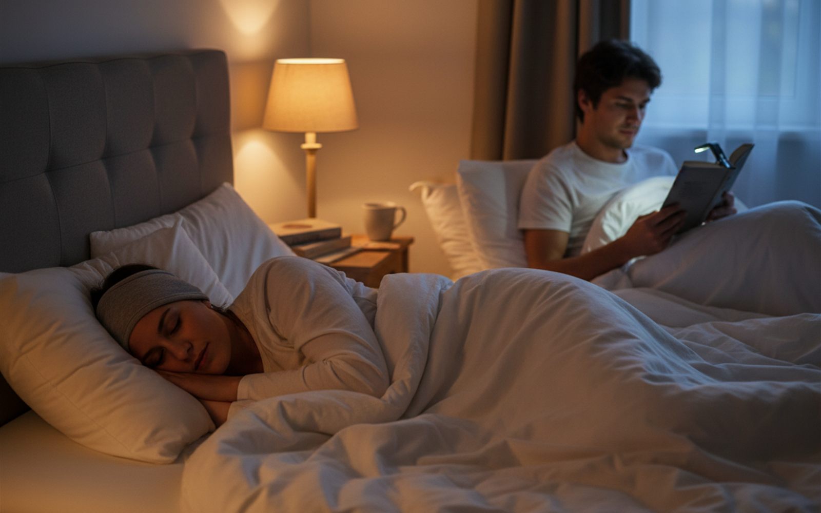 Hands slide the flat speaker discs into place inside the soft headband on a nightstand beside a glowing phone.