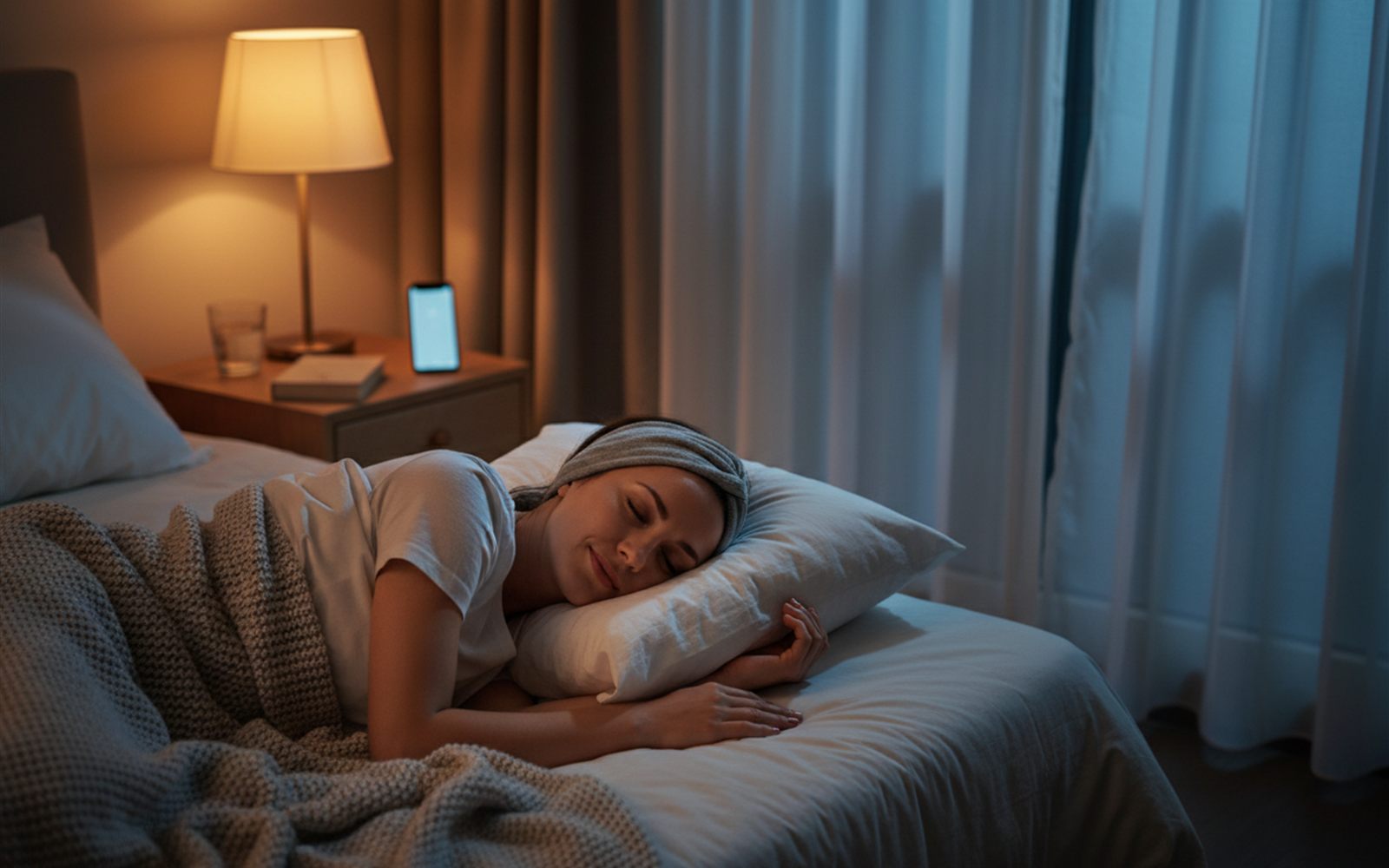 A woman sleeps peacefully on her side wearing a soft gray headband, phone glowing faintly on the nightstand.
