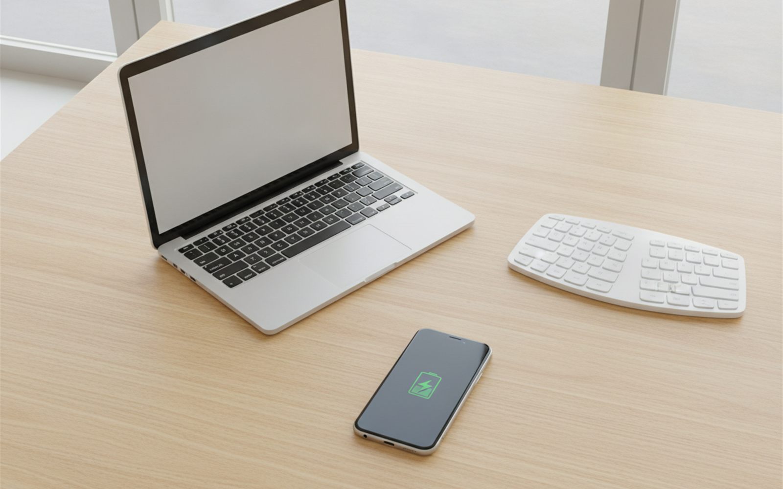 A laptop, phone, and keyboard sit scattered across a clean desk, all charging with no cables or pads anywhere in sight