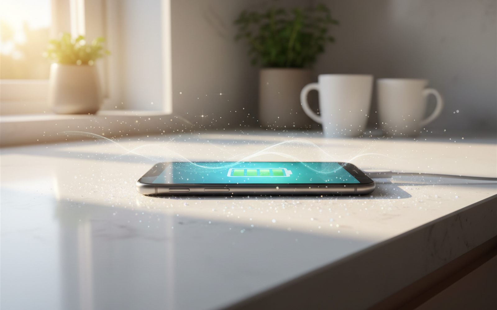 A phone on a kitchen counter shows its battery filling while nothing is plugged into it.