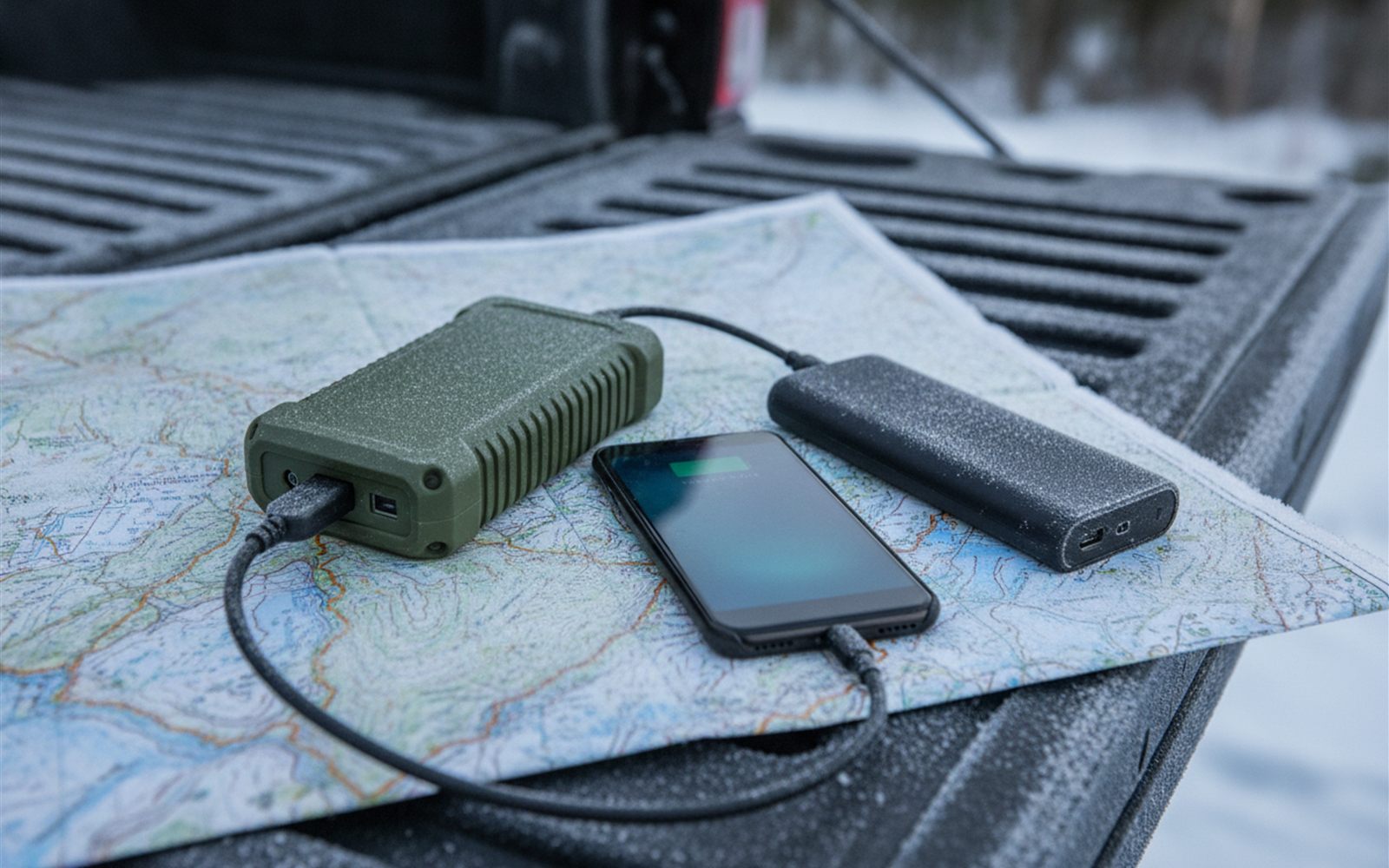 A chunky sodium power bank charges a phone beside a slimmer lithium bank on a trail map, the bigger one doing the work
