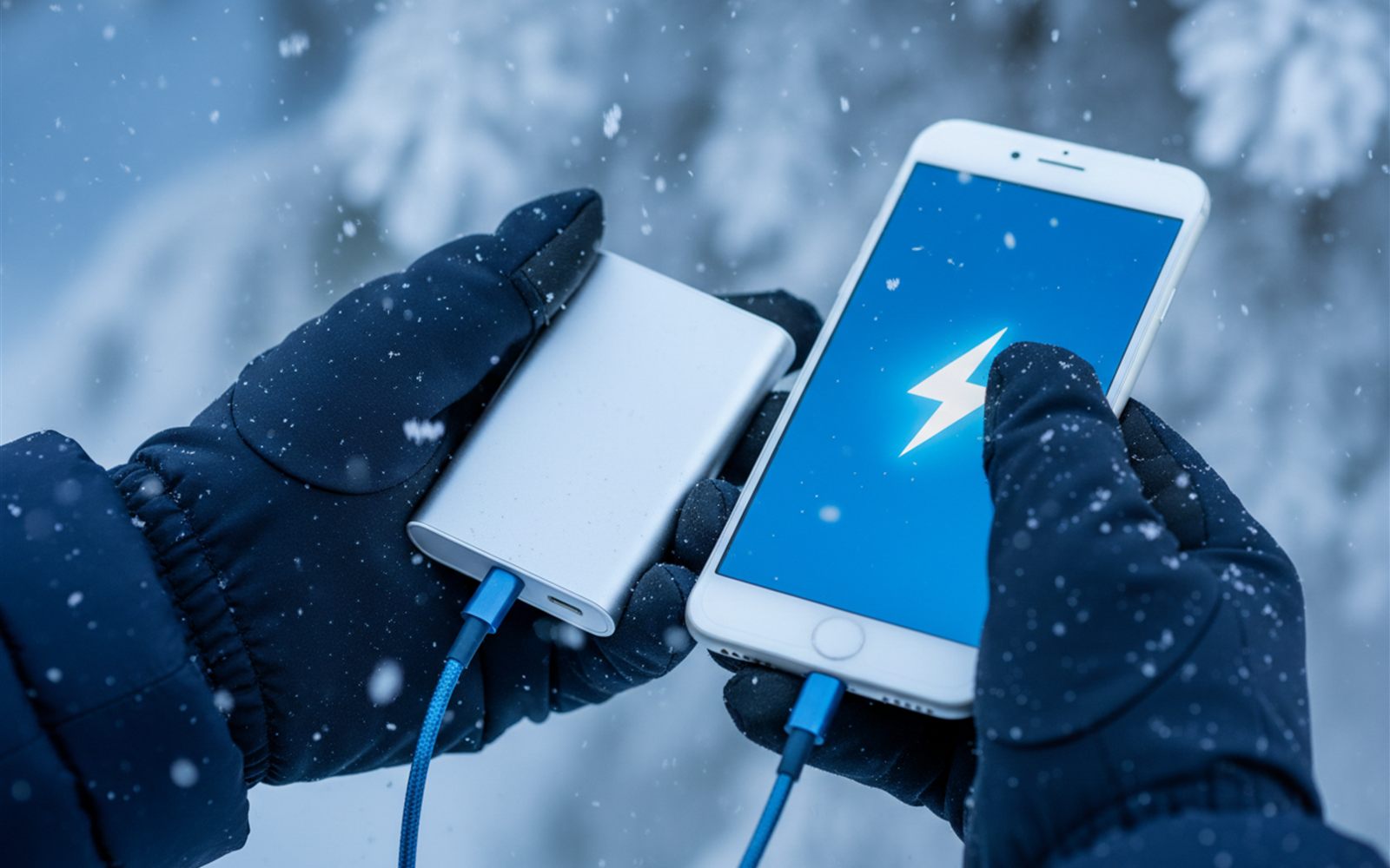 Gloved hands charge a phone from a small power bank outdoors in falling snow.